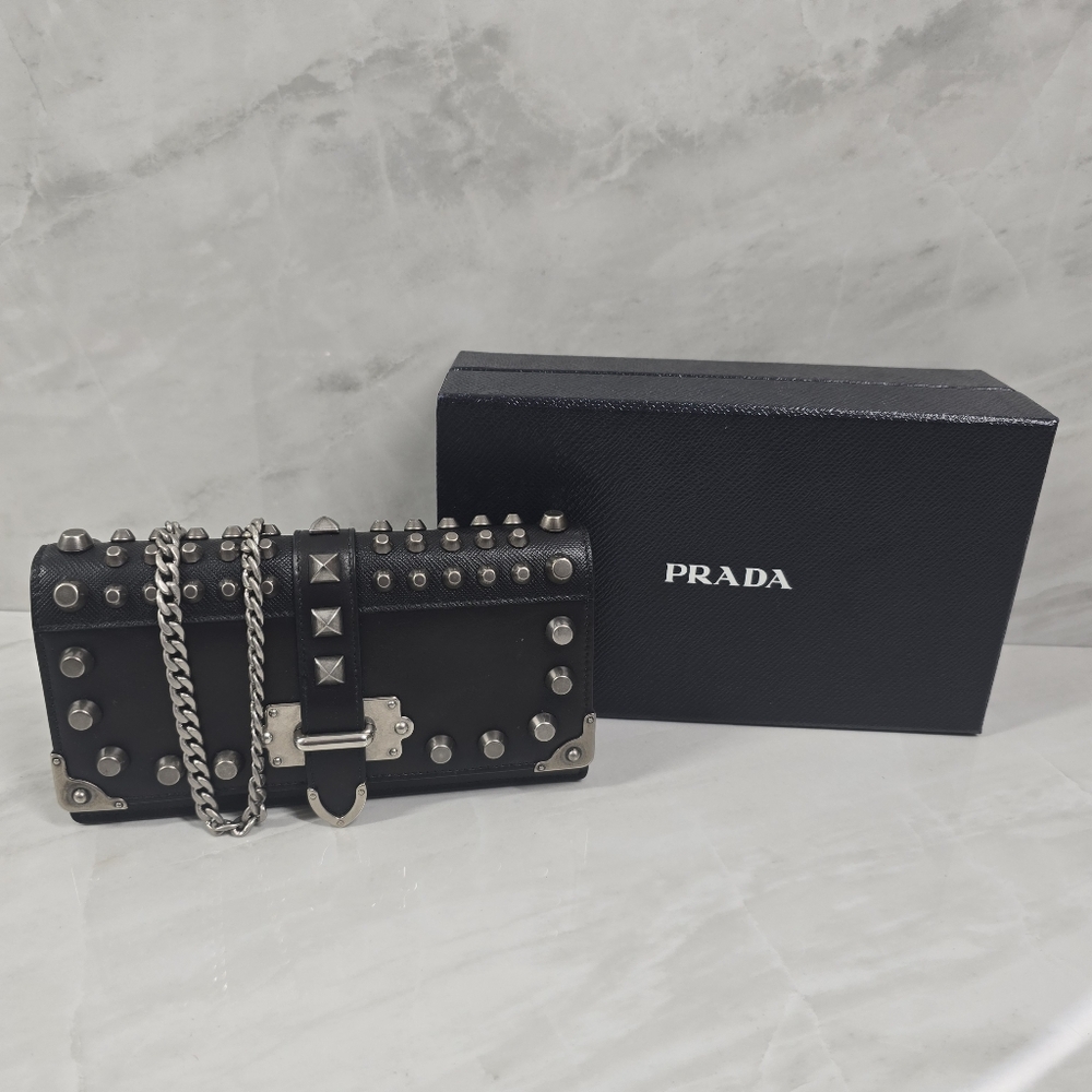 Prada Black Leather Studded Crossbody Bag with Silver Hardware - Picture 2 of 13